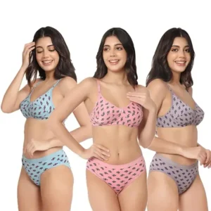 Fiore Cotton Lingerie Set - Pack of 3 (Peach, Blue & Mauve)