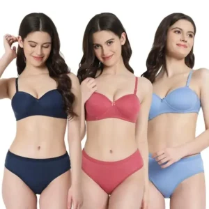 Fiore Cotton Lingerie Set - Pack of 3 (Pink, Navy Blue & Blue)