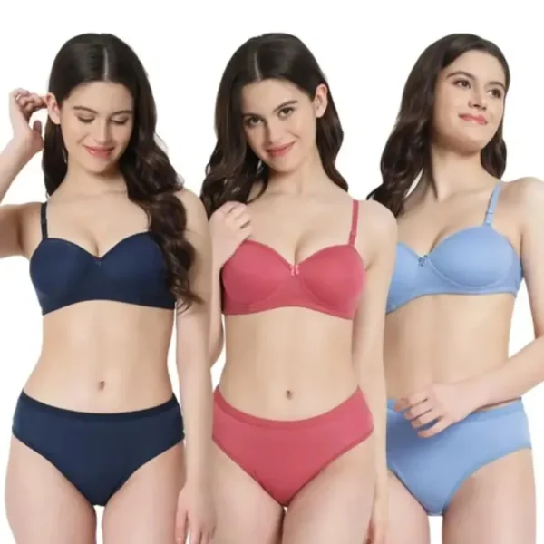 Fiore Cotton Lingerie Set - Pack of 3 (Pink, Navy Blue & Blue)