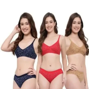 Fiore Cotton Lingerie Set - Pack of 3 (Red, Navy Blue & Mustard)