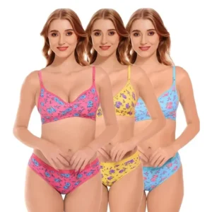 Fiore Cotton Lingerie Set - Pack of 3 (Yellow, Pink & Blue)